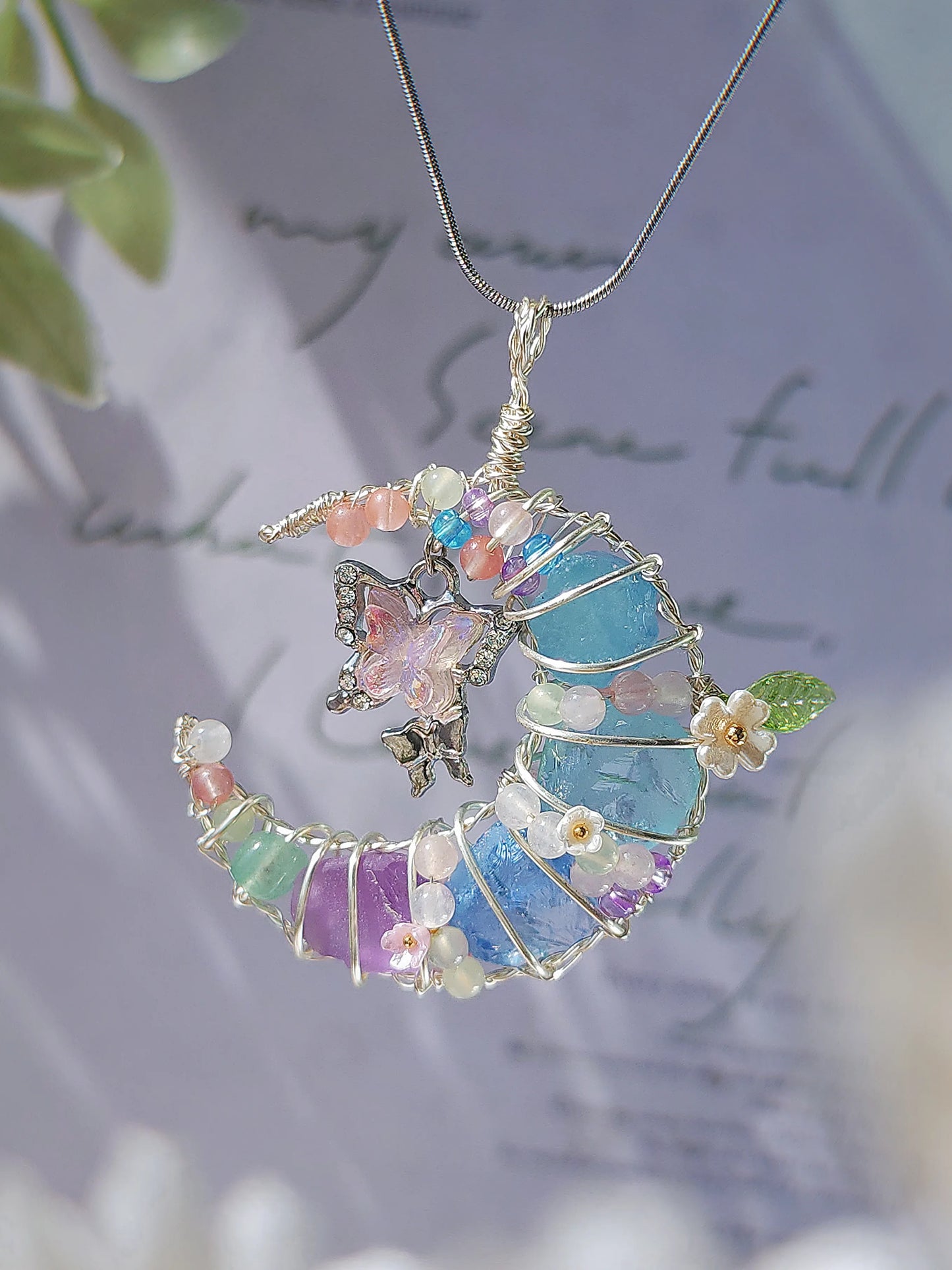 Pink Butterfly & Moonlit Petals Pendant