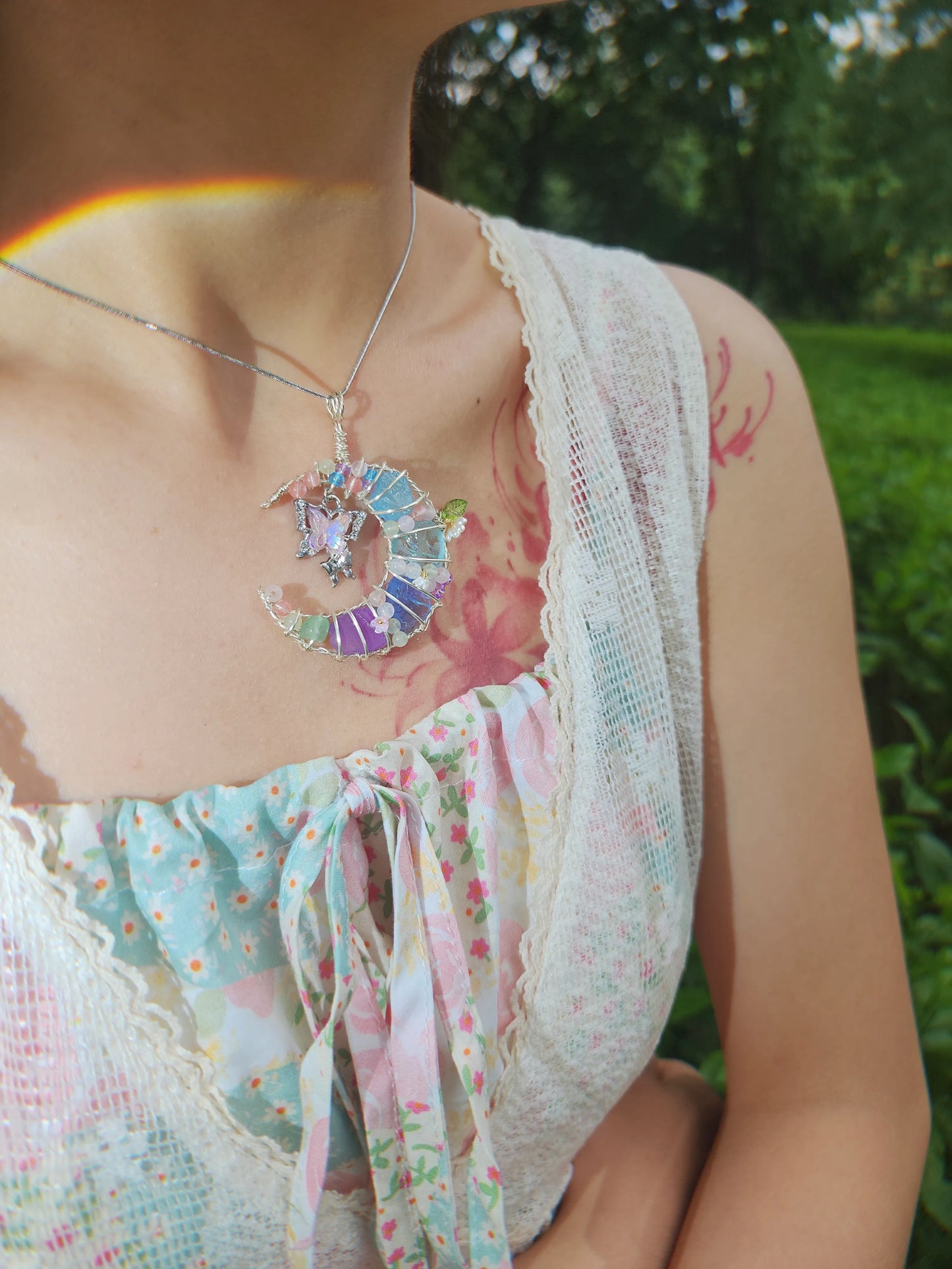Pink Butterfly & Moonlit Petals Pendant