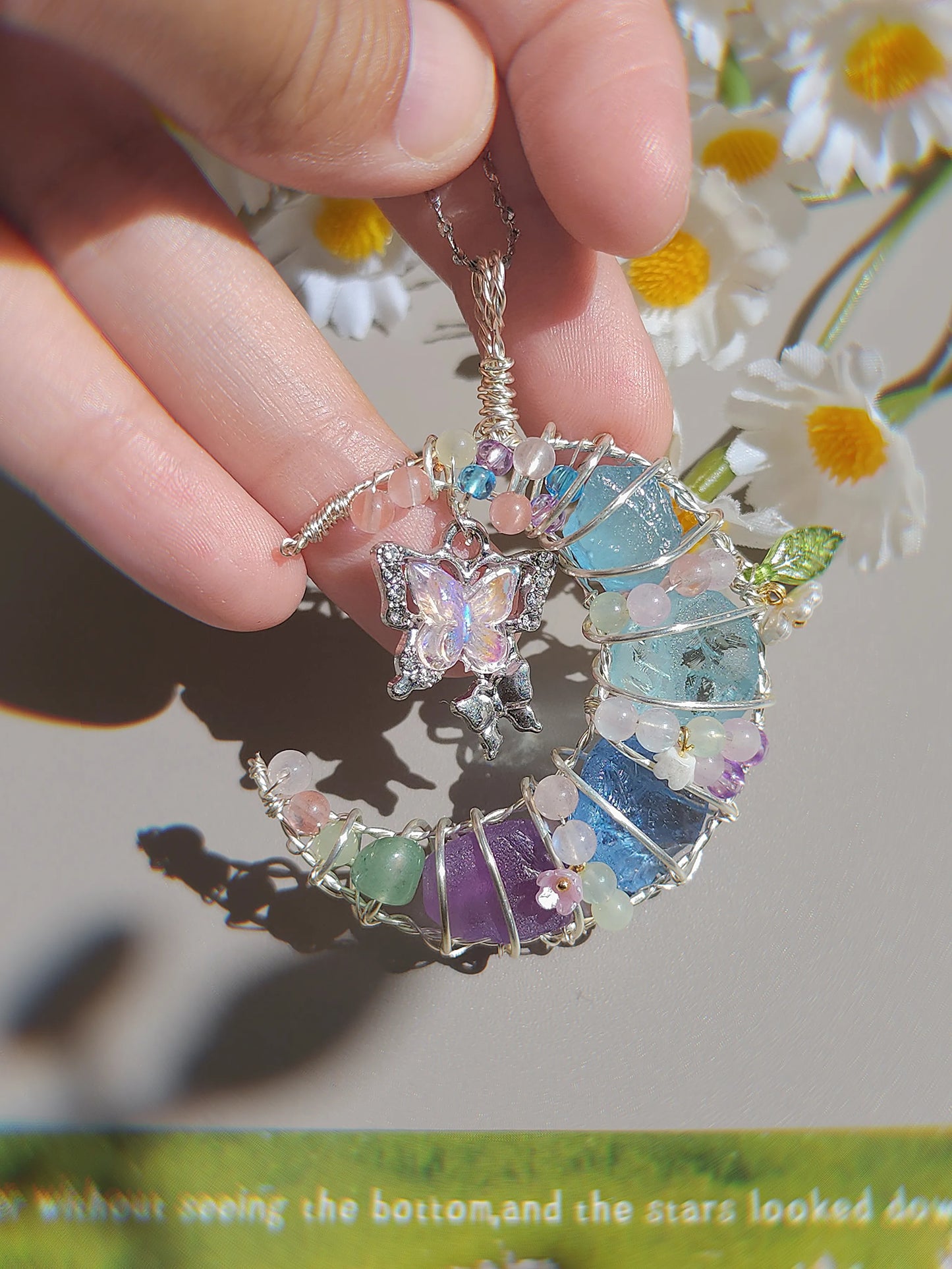 Pink Butterfly & Moonlit Petals Pendant
