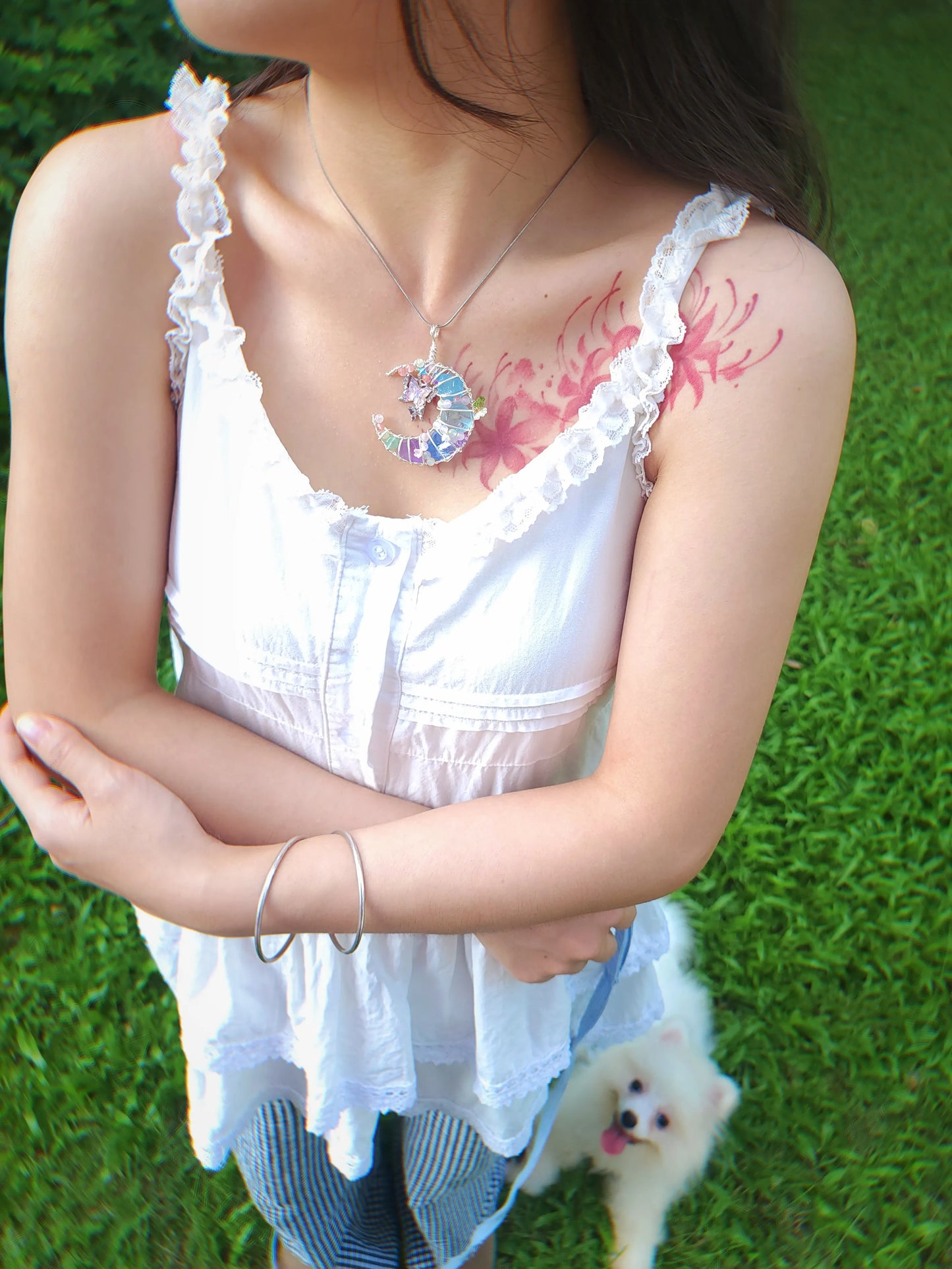 Pink Butterfly & Moonlit Petals Pendant