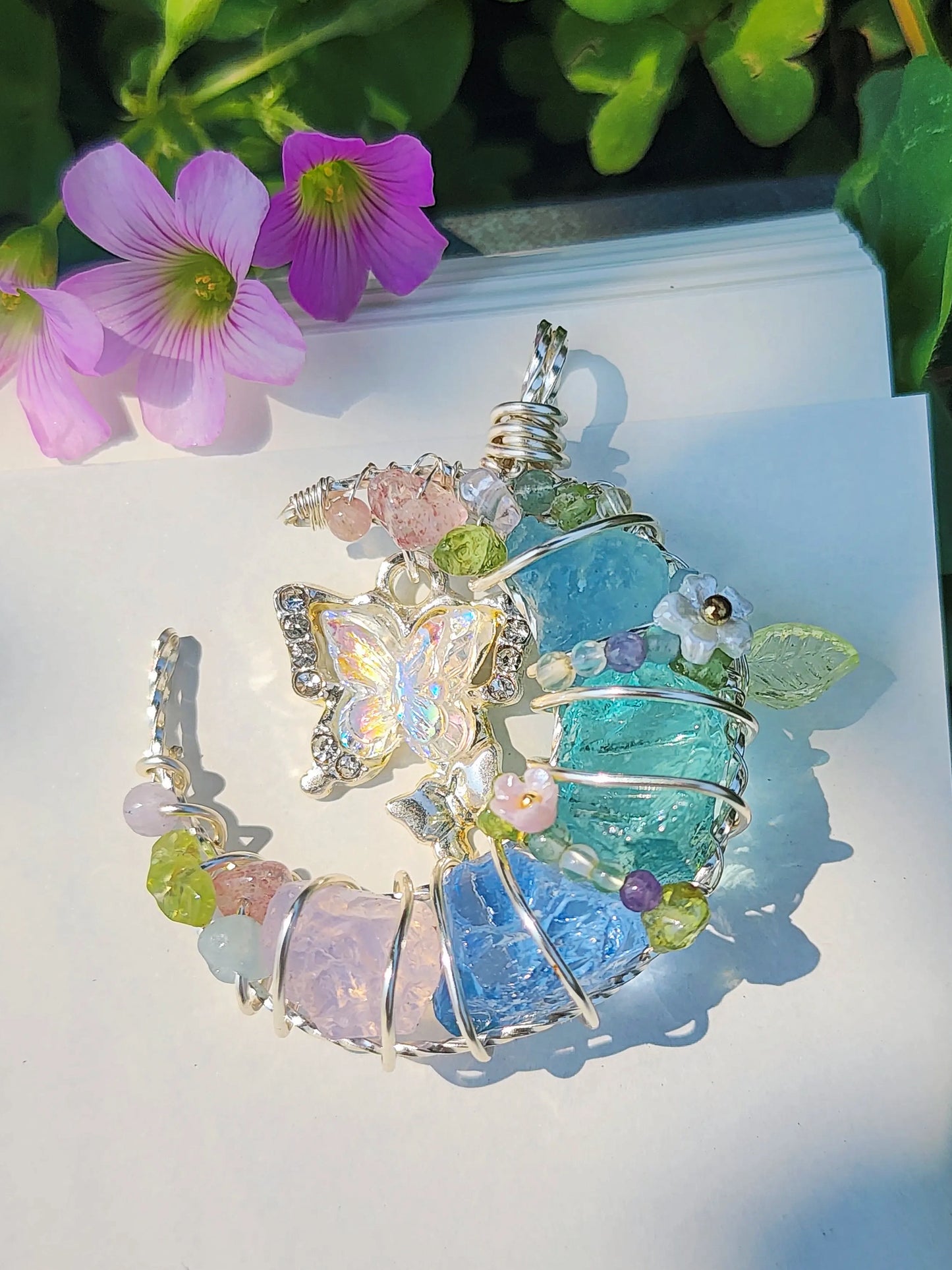 White Butterfly & Moon Crystal Pendant