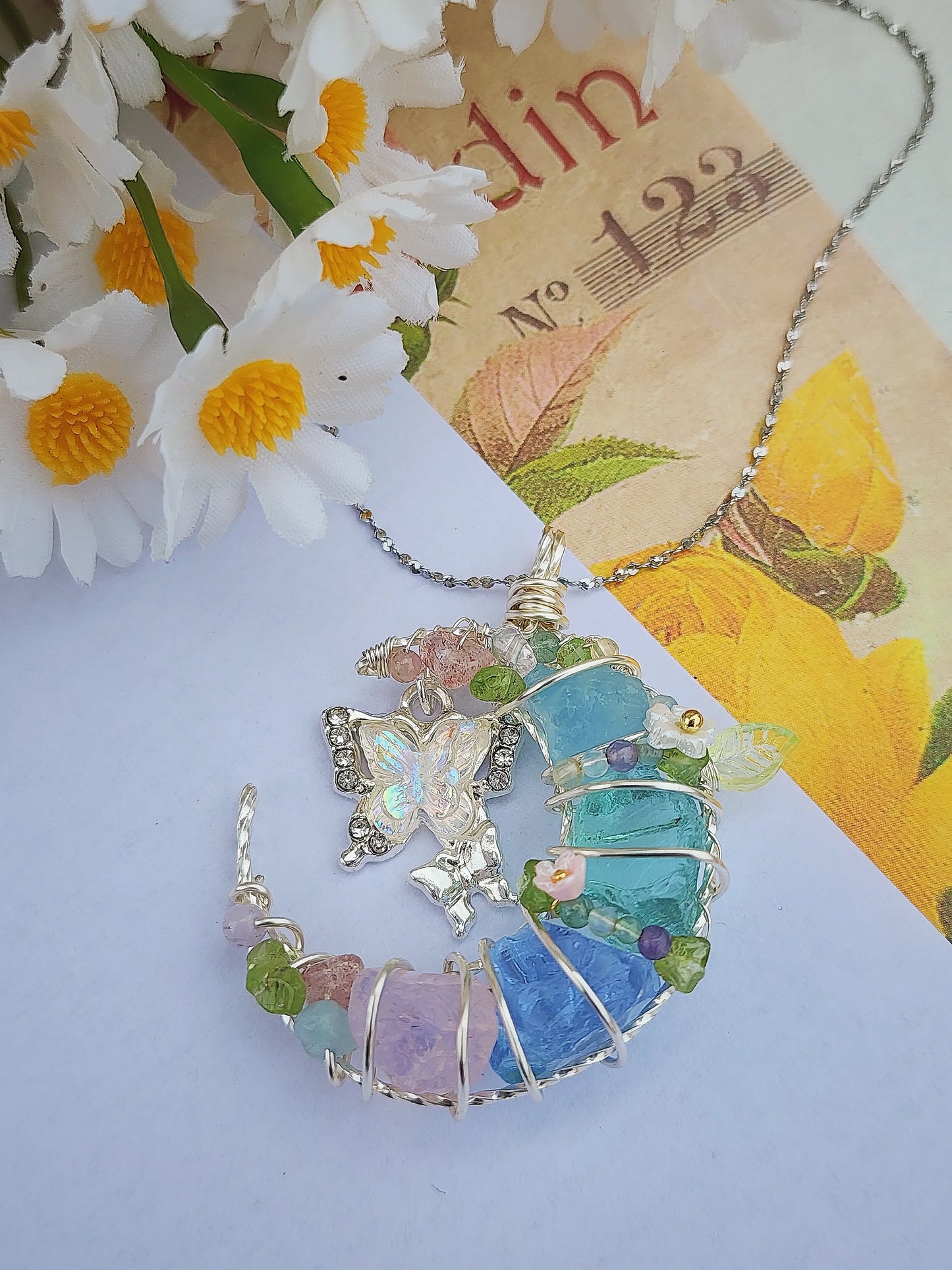 White Butterfly & Moon Crystal Pendant