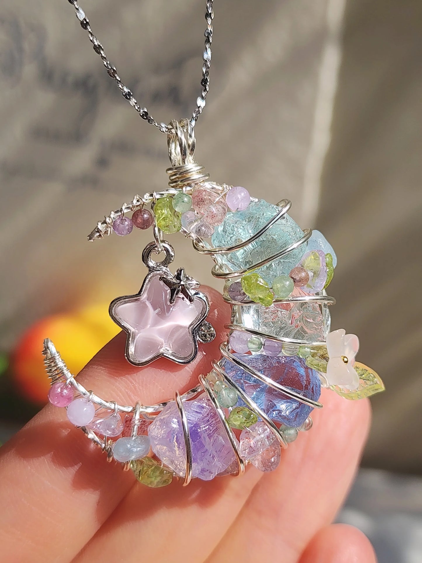 Pink Start & Moon Crystal Pendant
