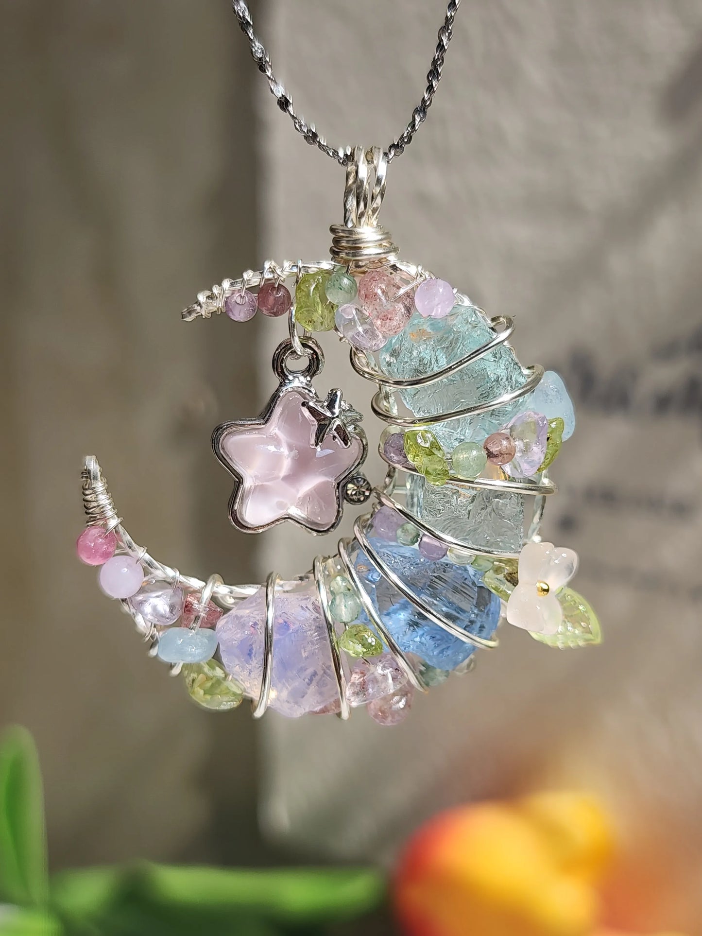 Pink Start & Moon Crystal Pendant