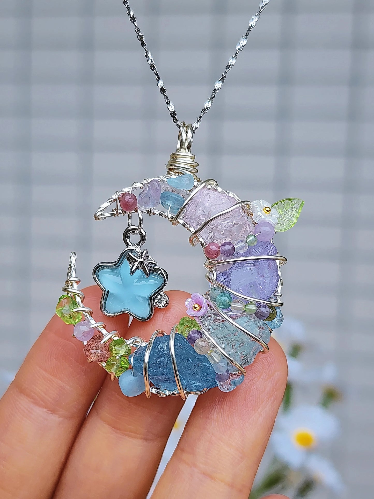 Blue Start & Moon Crystal Pendant
