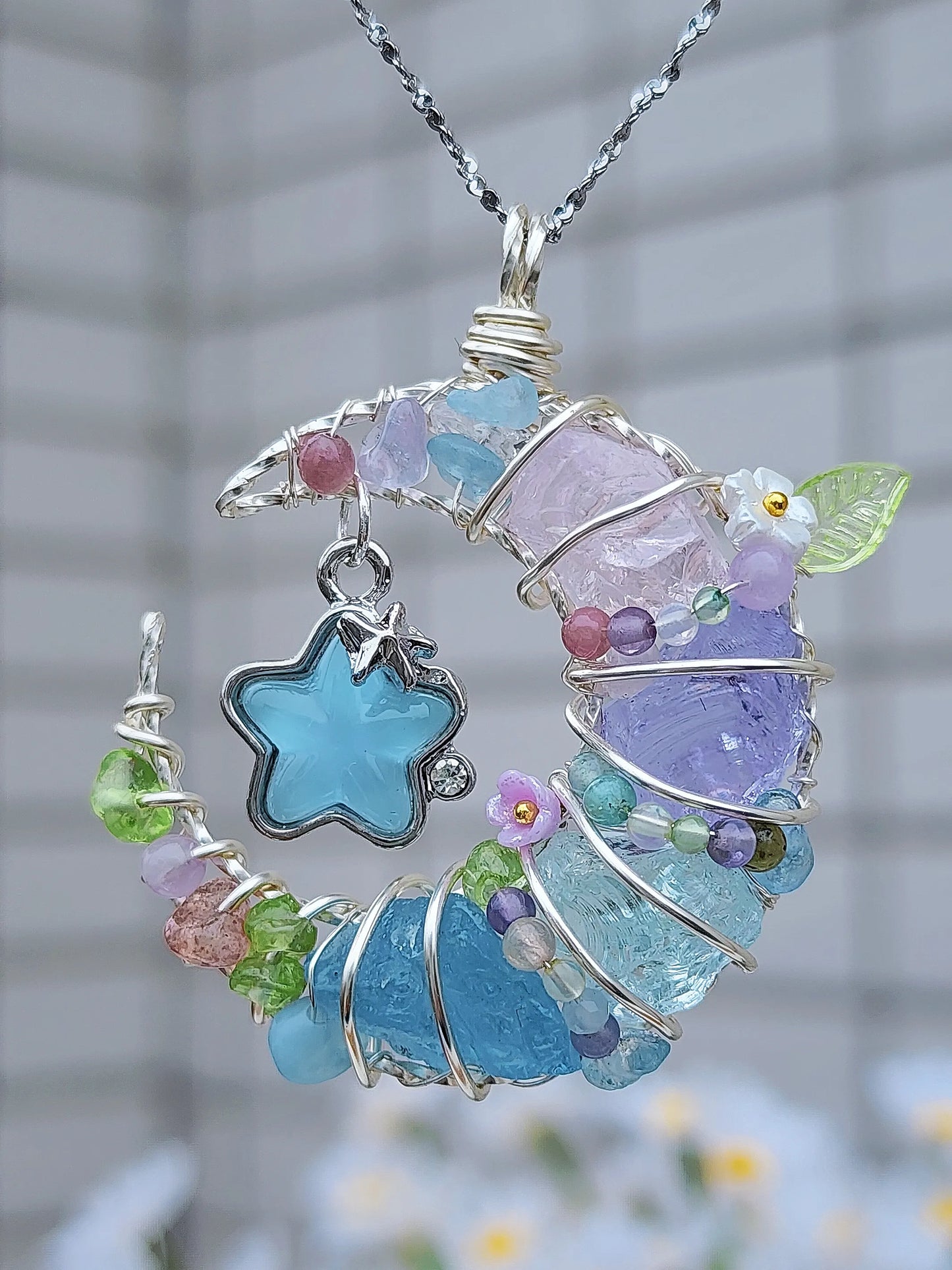 Blue Star & Moon Crystal Pendant