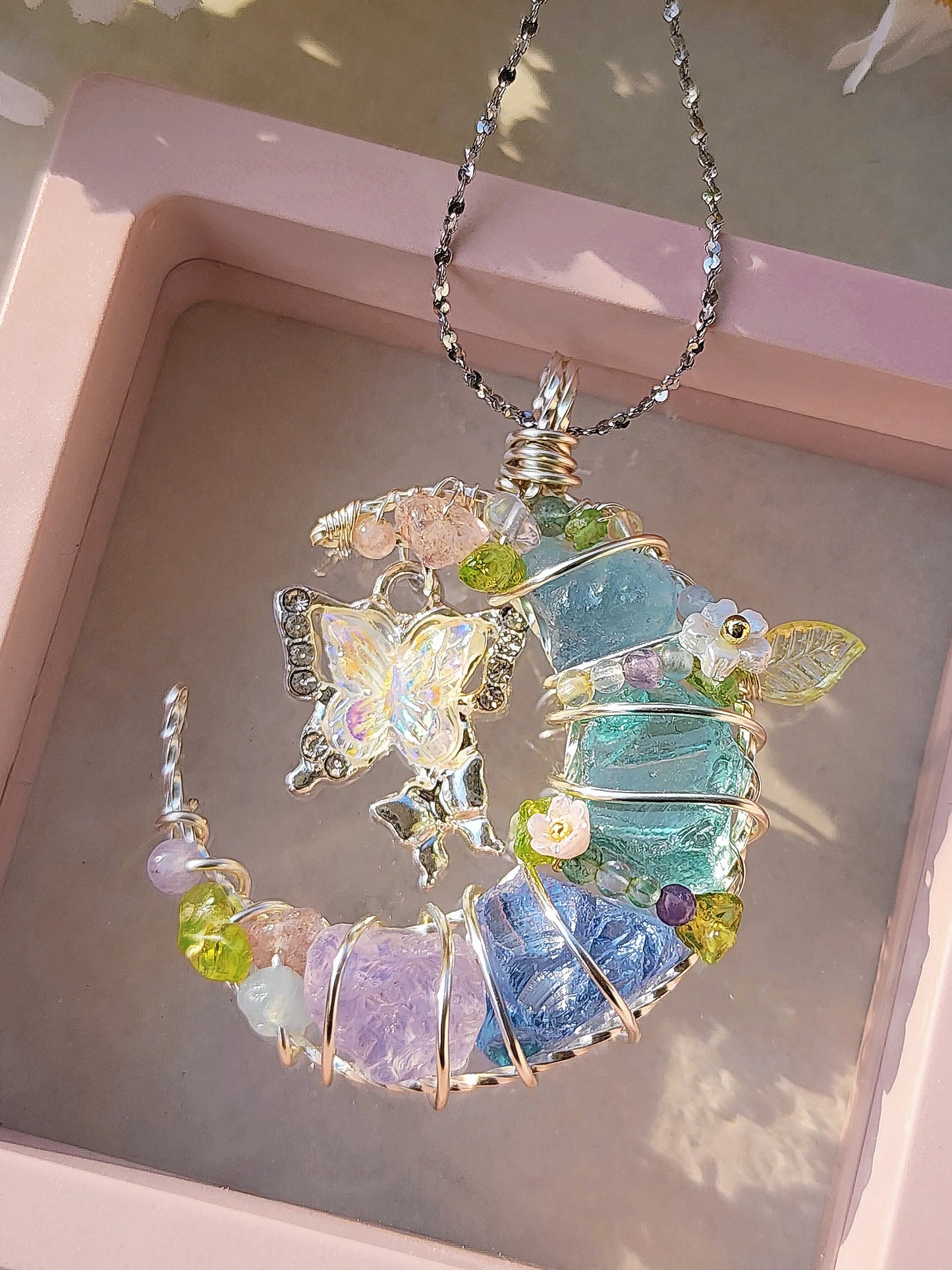 White Butterfly & Moon Crystal Pendant