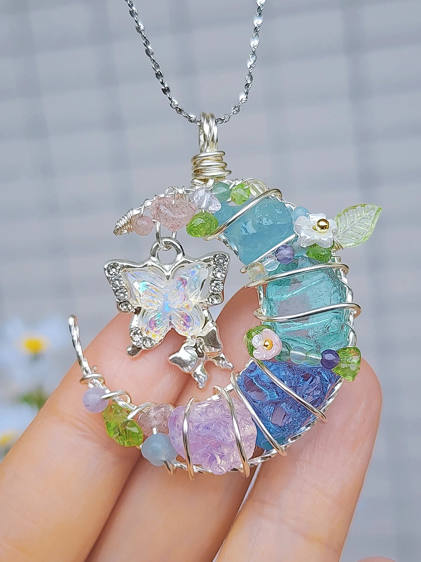 White Butterfly & Moon Crystal Pendant