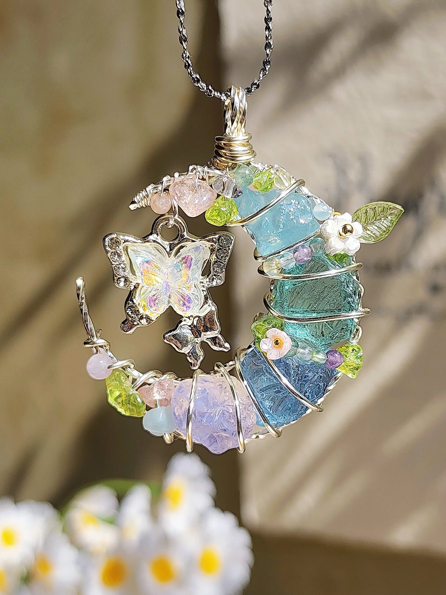 White Butterfly & Moon Crystal Pendant