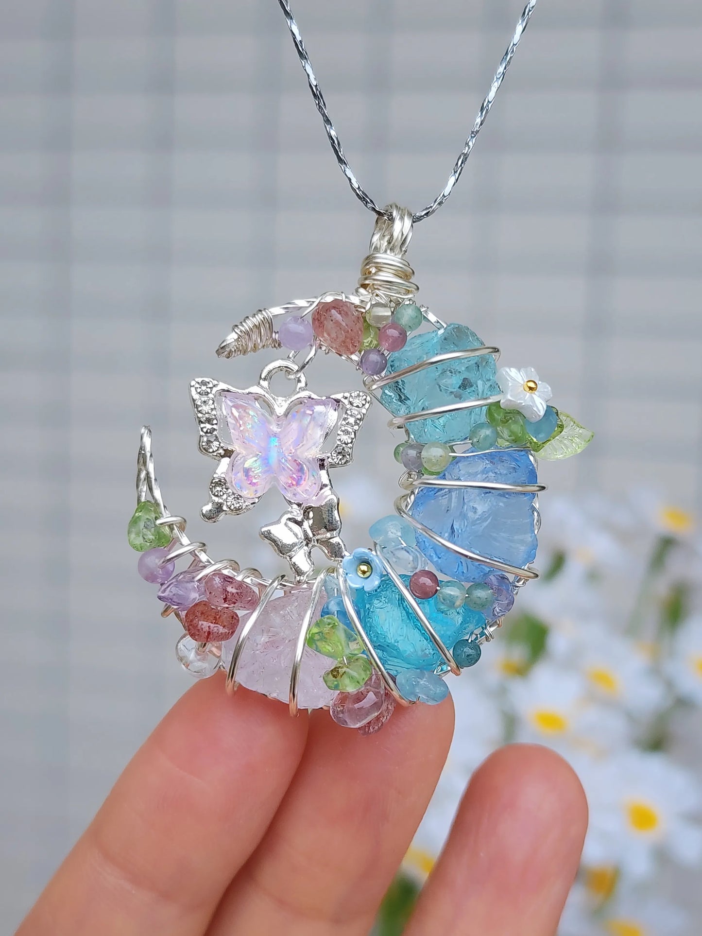 Pink Butterfly & Moon Crystal Pendant