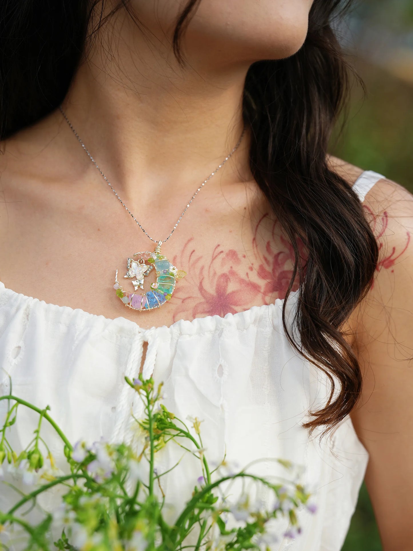 White Butterfly & Moon Crystal Pendant