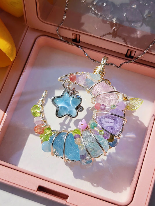 Blue Star & Moon Crystal Pendant