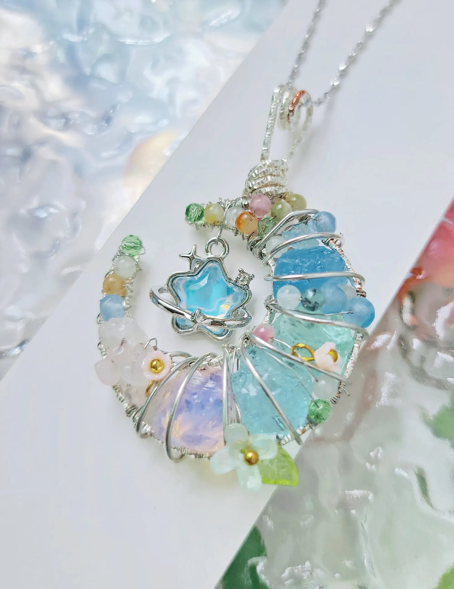 Cosmic Duo｜Blue Star & Moon Crystal Pendant