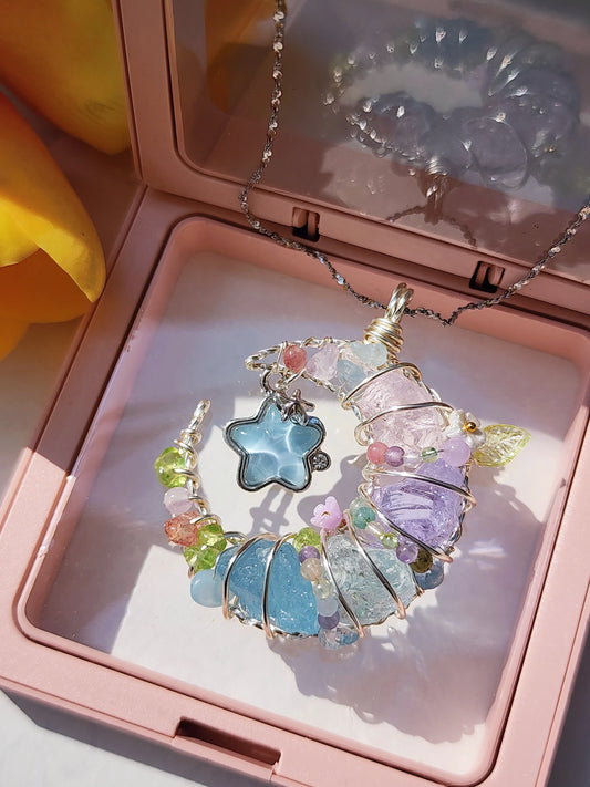 Blue Star & Moon Crystal Pendant